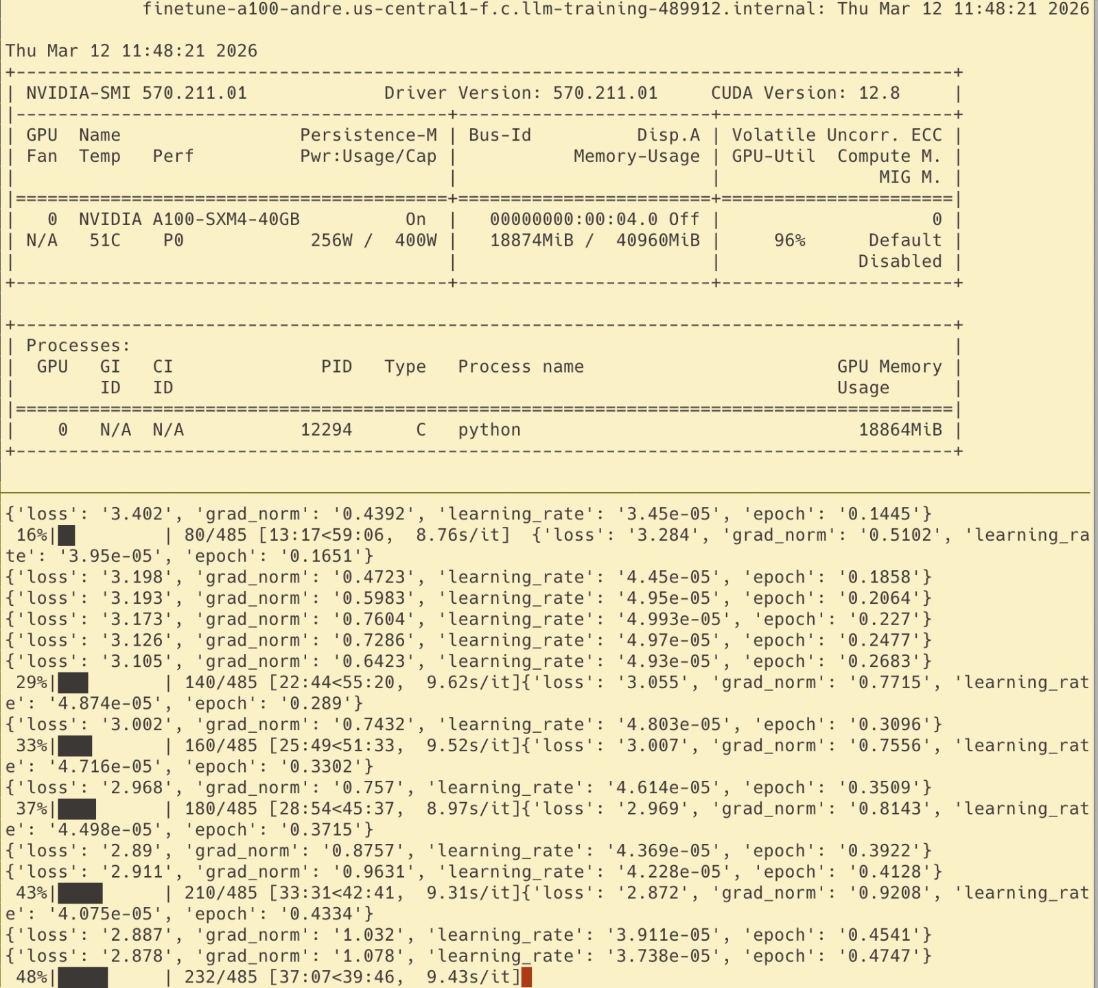 nvidia-smi showing A100 at 96% GPU utilization, training logs with loss steadily decreasing