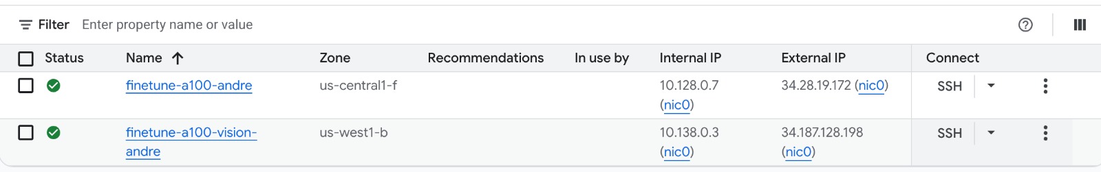 GCP console showing two A100 VMs running simultaneously: finetune-a100-andre and finetune-a100-vision-andre